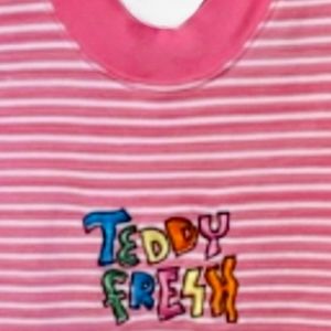 Teddy Fresh pink striped tee women's Sz L Logo on front